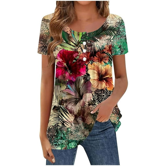 PeiLuo Women's Summer Tops: Dressy Casual Short Sleeve Button V Neck T-Shirts, Trendy Cute Tees with Floral Boho Tunic Blouses