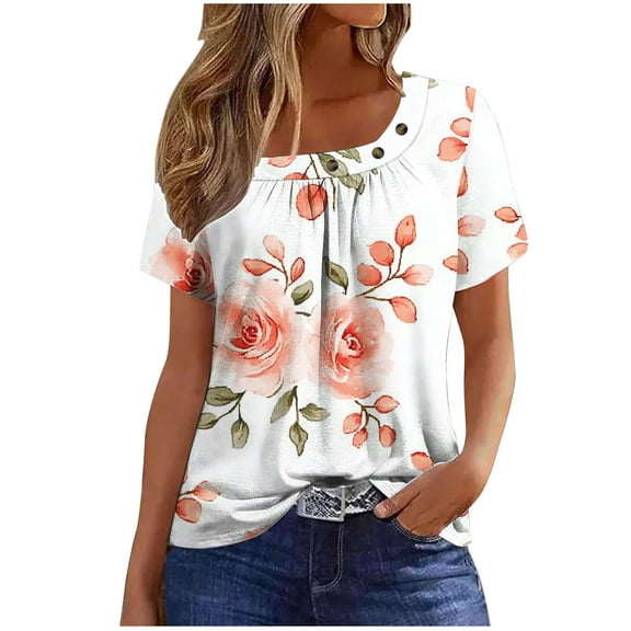 PeiLuo Women's Summer Tops: Dressy Casual Short Sleeve Button V Neck T-Shirts, Trendy Cute Tees with Floral Boho Tunic Blouses