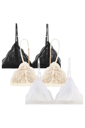 2 Pieces Lace French Wireless Bras for Women Floral Mesh Lightweight Breathable Unpadded Triangle Bralette Adjustable Thin Straps V Neck Hook Eye Wire Free Bra 1-BK WH S