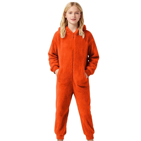 Peichun Boys Girls Warm Flannel Hooded Rompers Kids Solid Color Long Sleeve Full Zipper Onesie Jumpsuits Autumn Winter Loose Casual Warm Cozy One-Piece Loungewear with Pockets 1-12 Years