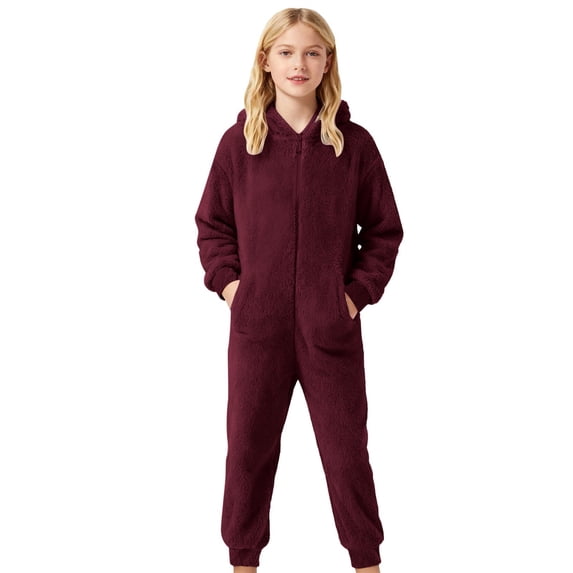 Peichun Boys Girls Warm Flannel Hooded Rompers Kids Solid Color Long Sleeve Full Zipper Onesie Jumpsuits Autumn Winter Loose Casual Warm Cozy One-Piece Loungewear with Pockets 1-12 Years