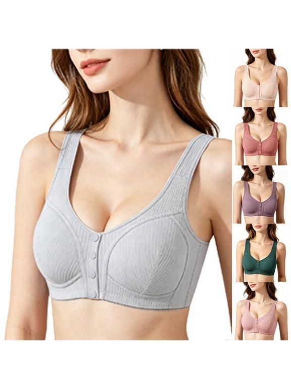 Front Snap Closure Bras for Women Plus Size One-Piece Fixed Cups Push up Daisy Bra No Underwire Soft Support Lightweight Breathable Solid Color Ribbing Bralettes 1-White 60