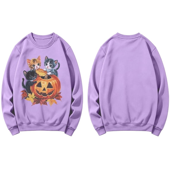 Peichun Halloween Pumpkin Cat Sweatshirts for Women Fall Winter Long Sleeve Crew Neck Loose Pullover Tops Vintage Spooky Season Graphic Loose Comfort Fit Hoodless Sweatshirt 1-Light Purple S