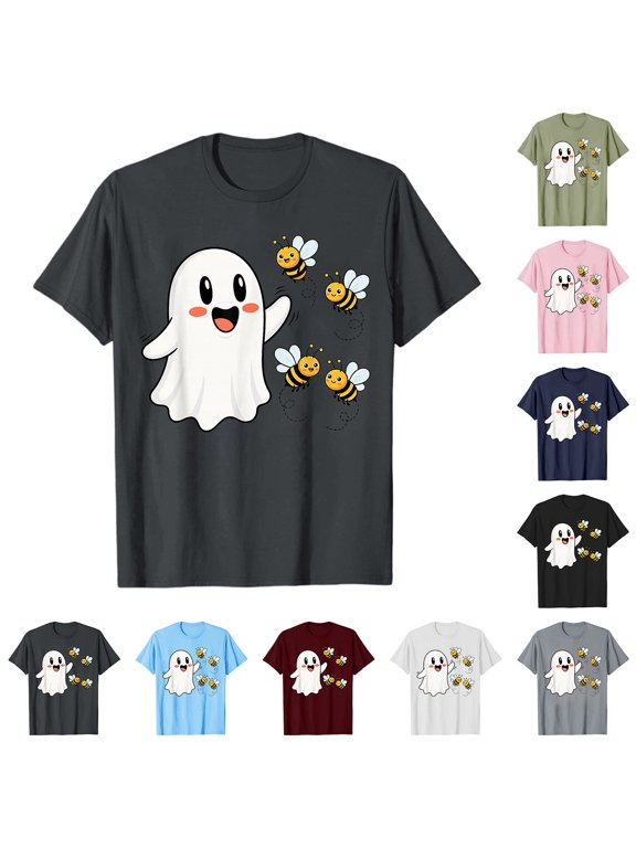 Halloween Shirts for Women Cute Four Bees and Ghost Crewneck Short Sleeve Funny Graphic Tee Tops Casual Cartoon Print Lightweight Relaxed Fit Autumn Holiday T-Shirt 1-Dark Gray S