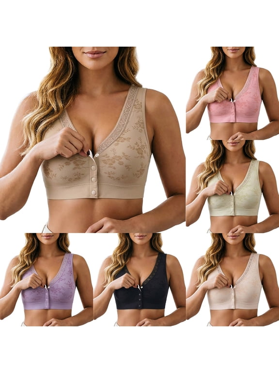 Women's Front Snap Closure Wirefree Bras with Wide Straps and U-Back Design Elegant Floral Lace Comfy Lightly Lined Lifting Shaping Bra for Everyday Wear 1-Pink XXL