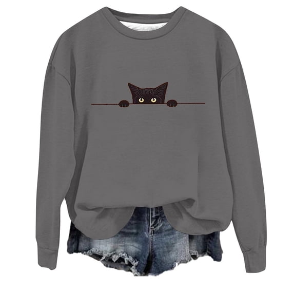 Peichun Women's Halloween Cat Graphic Print Crewneck Sweatshirts 2026 Fall Winter Long Sleeve Hoodless Pullover Tops Casual Loose Fit Soft Cozy Sweatshirt for Everyday Wear 2-Grey S