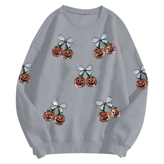 Peichun Women's Oversized Halloween Sweatshirts Colorful Sequin Fruit Graphic Crew Neck Pullover Tops Vintage Print Drop Shoulder Loose Cozy Fall Winter Hoodless Sweatshirt 1-Grey S