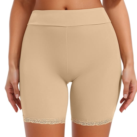 Peichun Womens Stretch Lace Splicing Non- Under Shorts for Dresses and Skirt Bottoming Thin Smooth Seamless Under Shorts Pure Color Comfy Breathable Shaperwear Khaki M