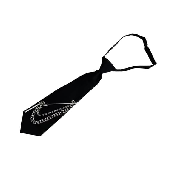 Peiiwdc Japanese Punk Black Necktie Long Chain Metal Pin Tie Student Uniform Adjustable Pre Tied