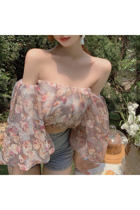 Women's Floral Print One Shoulder T Shirt Ruched Cap Sleeve Tops