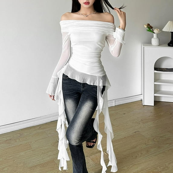 Peione Women's Long Sleeve Boat Neck Off Shoulder Blouse Tops