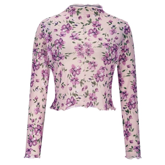 Peione Women's Long Sleeve Mesh Top Mock Neck Sheer Blouse See Through Floral Tops