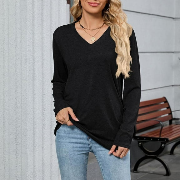 Peione Womens 2025 Fall Long Sleeve Shirts Basic Apparel Shirts Trendy V Neck Tshirt for Women Curved Hem Tops