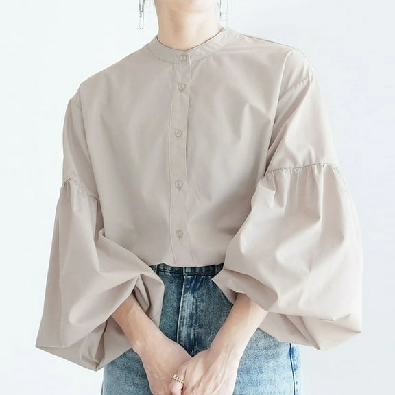 Peione Womens Round Neck Puff Long Sleeve Tops Casual Loose Solid Basic T Shirt Button Cuffs Pullovers Shirts Blous