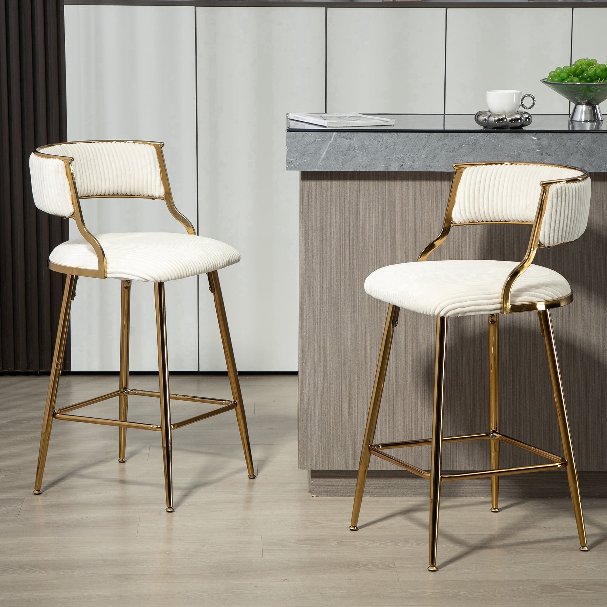 Peispie 25" Counter Height Bar Stools Set of 2, Modern Corduroy Barstools with Low Back and Gold Metal Legs, Padded Kitchen Island Chairs with Footrest for Home Bar, Beige