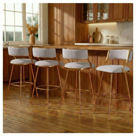 Peispie 25" Counter Height Bar Stools Set of 4, Modern Corduroy Barstools with Low Back and Gold Metal Legs, Padded Kitchen Island Chairs with Footrest for Home Bar, Grey