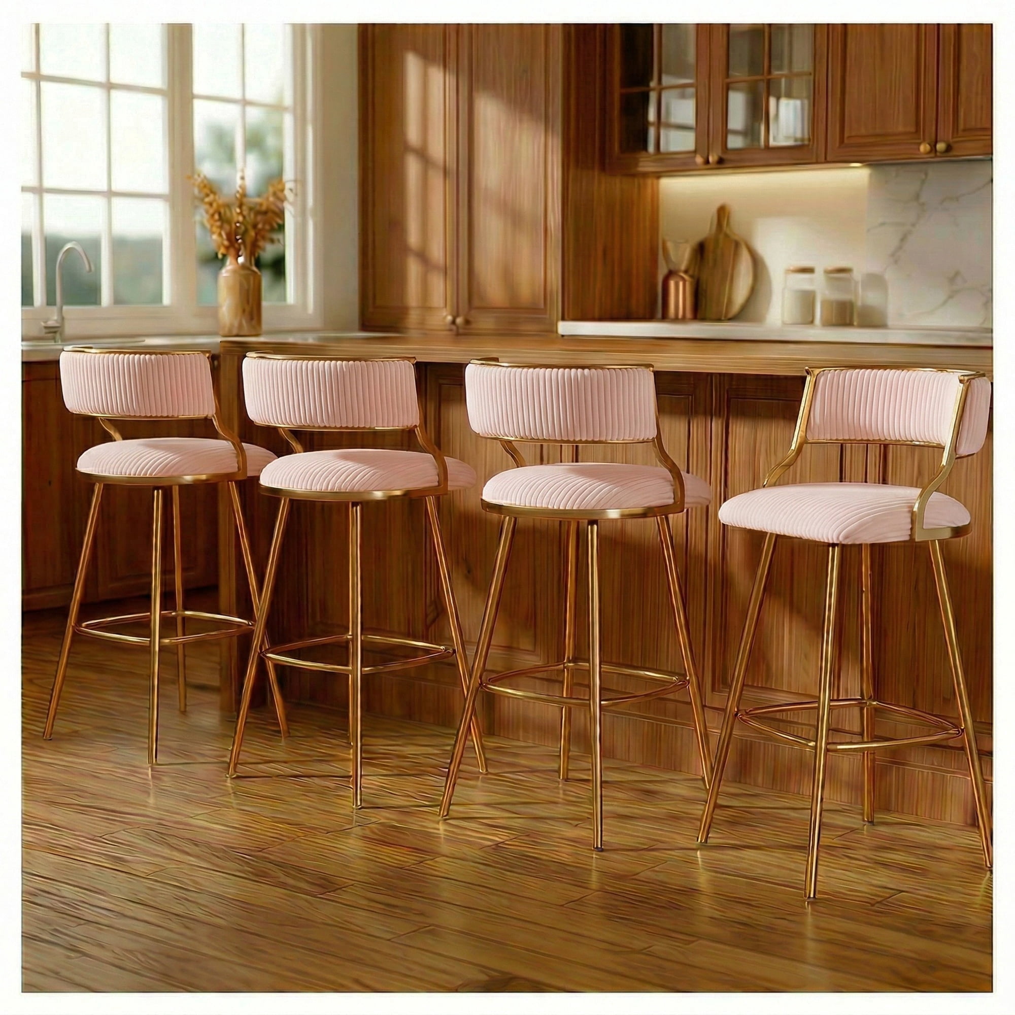Peispie 25" Counter Height Bar Stools Set of 4, Modern Corduroy Barstools with Low Back and Gold Metal Legs, Padded Kitchen Island Chairs with Footrest for Home Bar, Pink