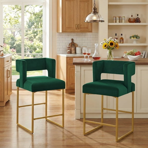 Peispie 26" H Counter Height Bar Stools Set of 2, Modern Velvet Barstools with Square Open Low Back and Gold Metal Frame, Padded Kitchen Island Chairs for Home Bar Dining Room, Green