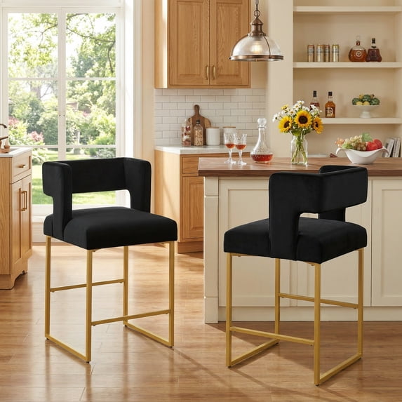 Peispie 26" H Counter Height Bar Stools Set of 2, Modern Velvet Barstools with Square Open Low Back and Gold Metal Frame, Padded Kitchen Island Chairs for Home Bar Dining Room, Black