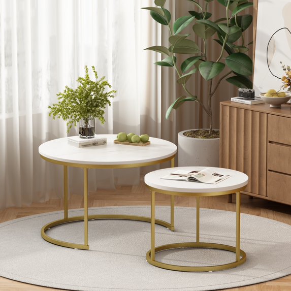 Peispie 27.6" Round Nesting Coffee Table Set of 2, Modern Stacking End Tables with Sturdy Metal Frame, Faux Marble & Industrial Wood Accent Side Tables for Living Room Bedroom, White Gold