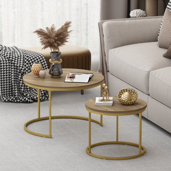 Peispie 27.6" Round Nesting Coffee Table Set of 2, Modern Stacking End Tables with Sturdy Metal Frame, Faux Marble & Industrial Wood Accent Side Tables for Living Room Bedroom, Brown Gold