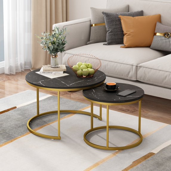 Peispie 27.6" Round Nesting Coffee Table Set of 2, Modern Stacking End Tables with Sturdy Metal Frame, Faux Marble & Industrial Wood Accent Side Tables for Living Room Bedroom, Black Gold