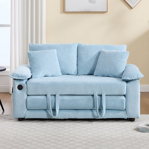Peispie 58" 3-in-1 Convertible Futon Sofa Bed, Modern Chenille Pull Out Sleeper Couch Loveseat with USB & Type-C Charging Ports, Foldable Daybed with Side Pockets for Living Room Apartment, Blue