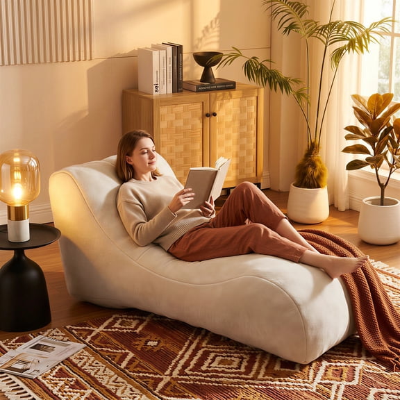 Peispie 59" Modern Floor Chair, Ergonomic Caterpillar Lazy Sofa Chair, Soft Upholstered Armless Lounge Chair with High-Density Foam, Comfy Reading Accent Chair for Bedroom, Beige