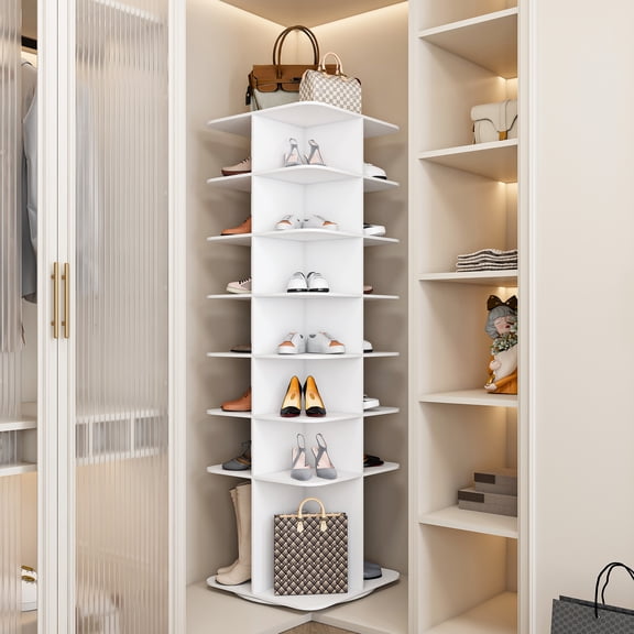 Peispie 7-Tier Rotating Shoe Rack Tower, Square 360° Spinning Free Standing Shoe Organizer, High Bottom Lazy Susan Display Shelf for 28 Pairs, White