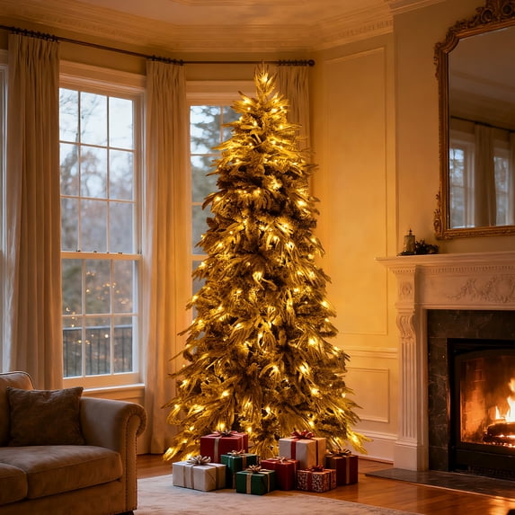 Peispie 7 ft Slim Flocked Artificial Christmas Tree with 250 Warm White ...