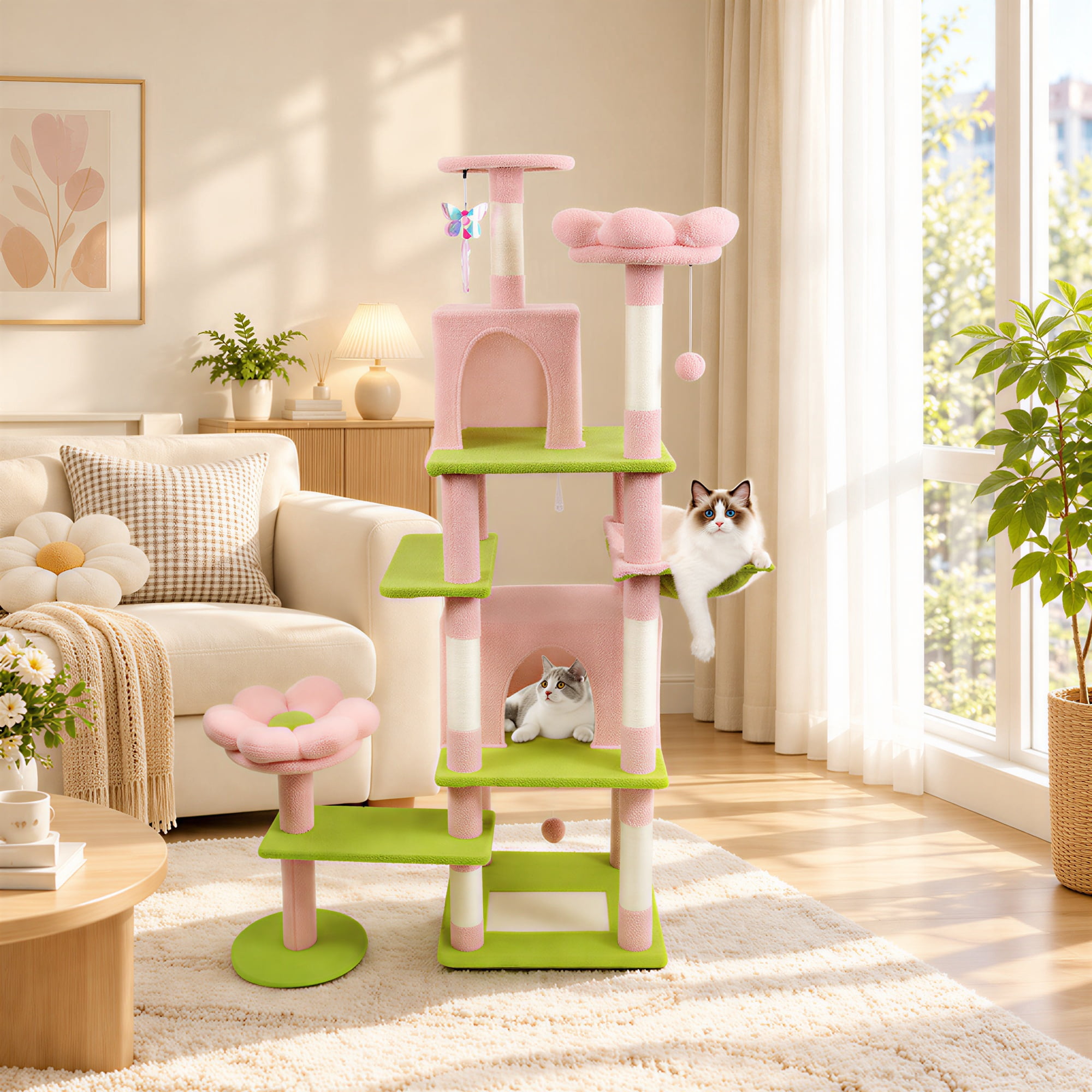Stackable Cat Tree Peispie 71-Inch Flower Cat Tree with 2 Condos, Hammock and Sisal ...