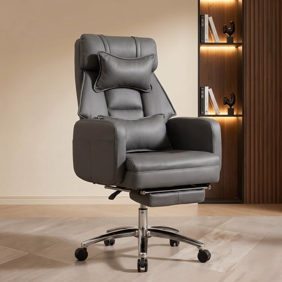 Peispie Big and Tall Office Chair 400lbs, Ergonomic Executive Leather Computer Desk Chair with Footrest, High Back Reclining Office Chair with Lumbar Support, Recline for Home Office, Grey