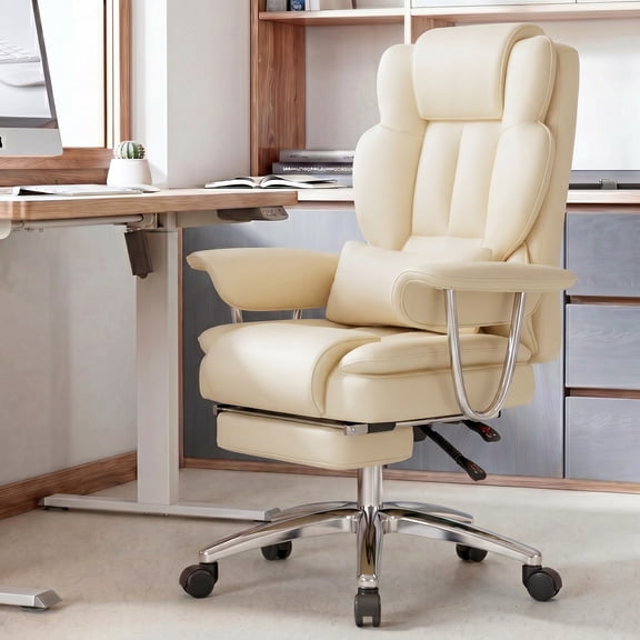 Peispie Big and tall office chair 500lbs, Ergonomic Executive Leather Computer Desk Chair with Footrest, High Back Reclining Home Office Chair, Adjustable Height & 360° Swivel, Beige