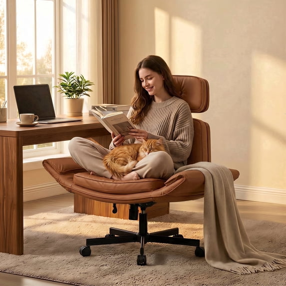 Peispie Criss Cross Office Chair with Adjustable Arms, Leather Cross Legged Desk Chair with Headrest, Wide Seat High Back Swivel Computer Office Chair for Home Office, Brown