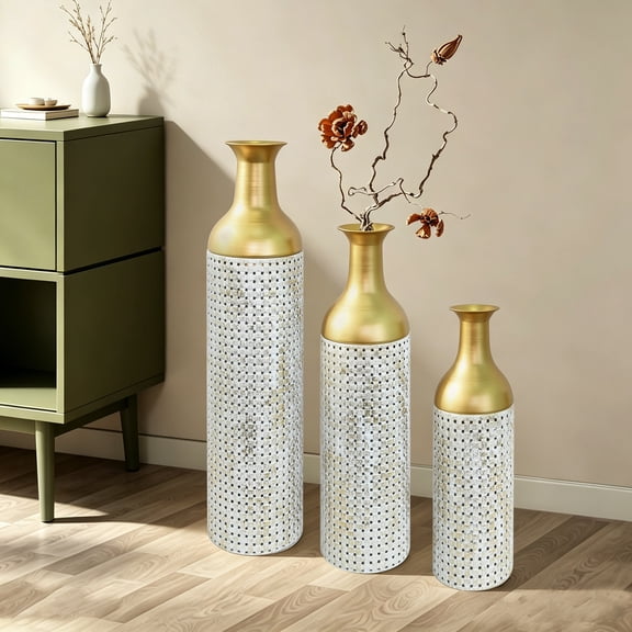 Peispie Decorative Tall Metal Vases Set of 3, White & Gold Floor Vases with Honeycomb Texture, Modern Cylindrical Display Vases for Living Room and Entryway Decor