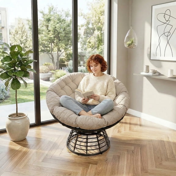 Peispie Fabric Papasan Chair, 360° Swivel Wicker Rattan Accent Chair with Soft Thick Cushion, Ergonomic Round Saucer Chair for Living Room, Bedroom, 300 lbs, Beige