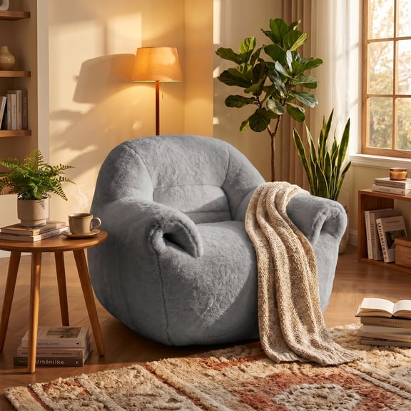 Peispie Faux Fur Bean Bag Chair for Adults & Kids, Comfy Shredded Foam Floor Sofa Lounge Couch with Back Support & Armrests, Stuffed Lazy Reading Chair for Living Room Bedroom, Grey