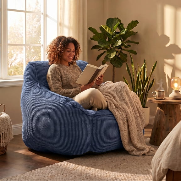 Peispie Giant Bean Bag Chair for Adults, Corduroy Bean Bag Sofa Couch with Armrests, Comfy Accent Chair Lazy Lounge Chair with Filler Included for Living Room Bedroom, Dark Blue