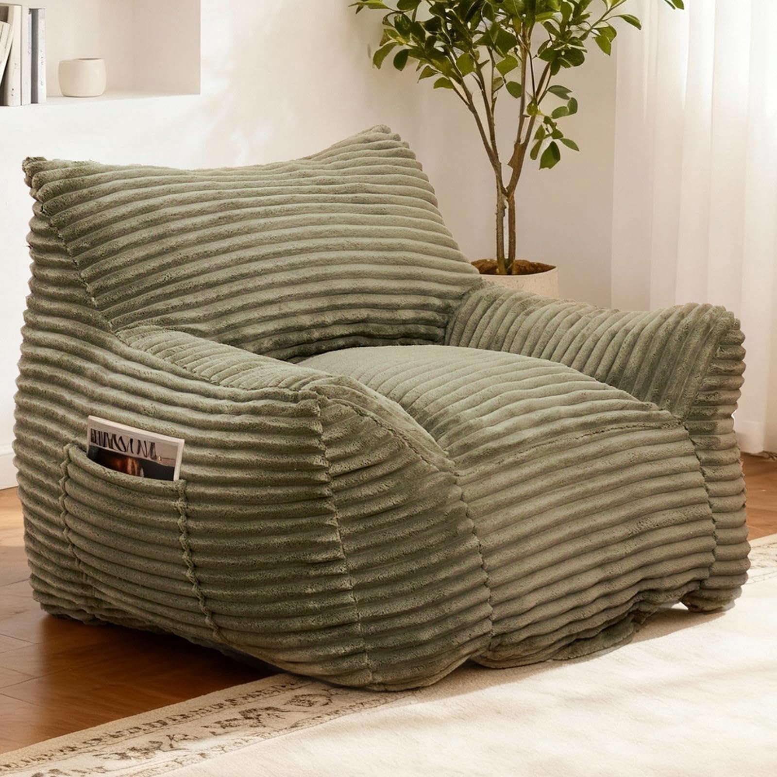 Peispie Giant Bean Bag Chair for Adults, Wide Seat Comfy Corduroy Floor Sofa with Armrests, Shredded Memory Foam Lazy Lounger, Oversized Gaming & Reading Chair for Bedroom 400LBS, Green