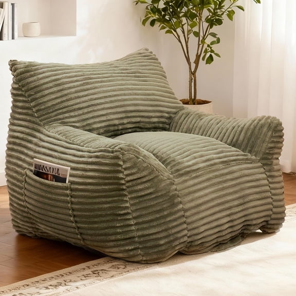 Peispie Giant Bean Bag Chair for Adults, Wide Seat Comfy Corduroy Floor Sofa with Armrests, Shredded Memory Foam Lazy Lounger, Oversized Gaming & Reading Chair for Bedroom 400LBS, Green