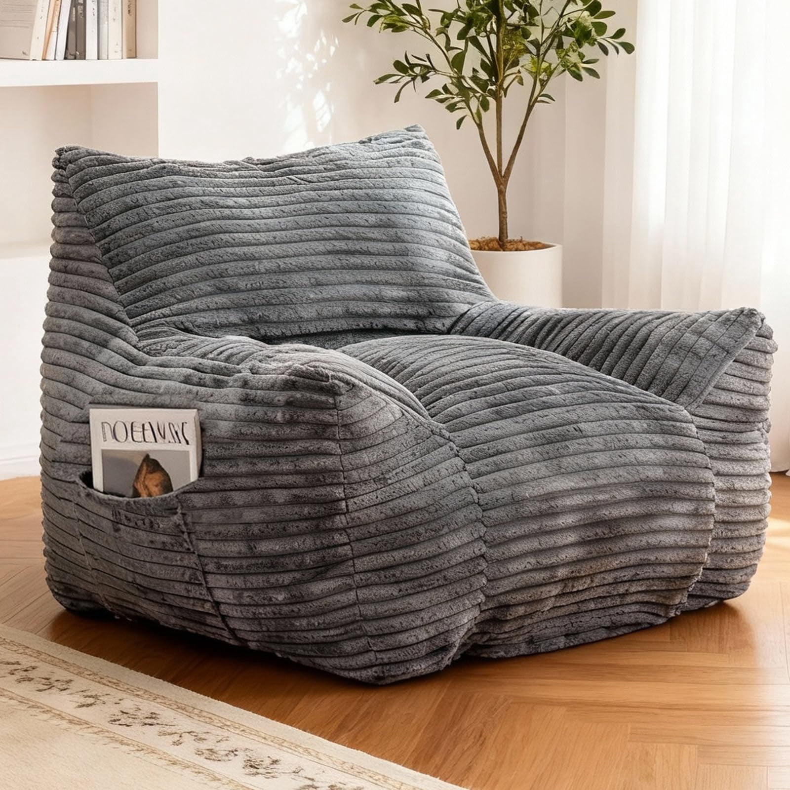 Peispie Giant Bean Bag Chair for Adults, Wide Seat Comfy Corduroy Floor Sofa with Armrests, Shredded Memory Foam Lazy Lounger, Oversized Gaming & Reading Chair for Bedroom 400LBS, Grey