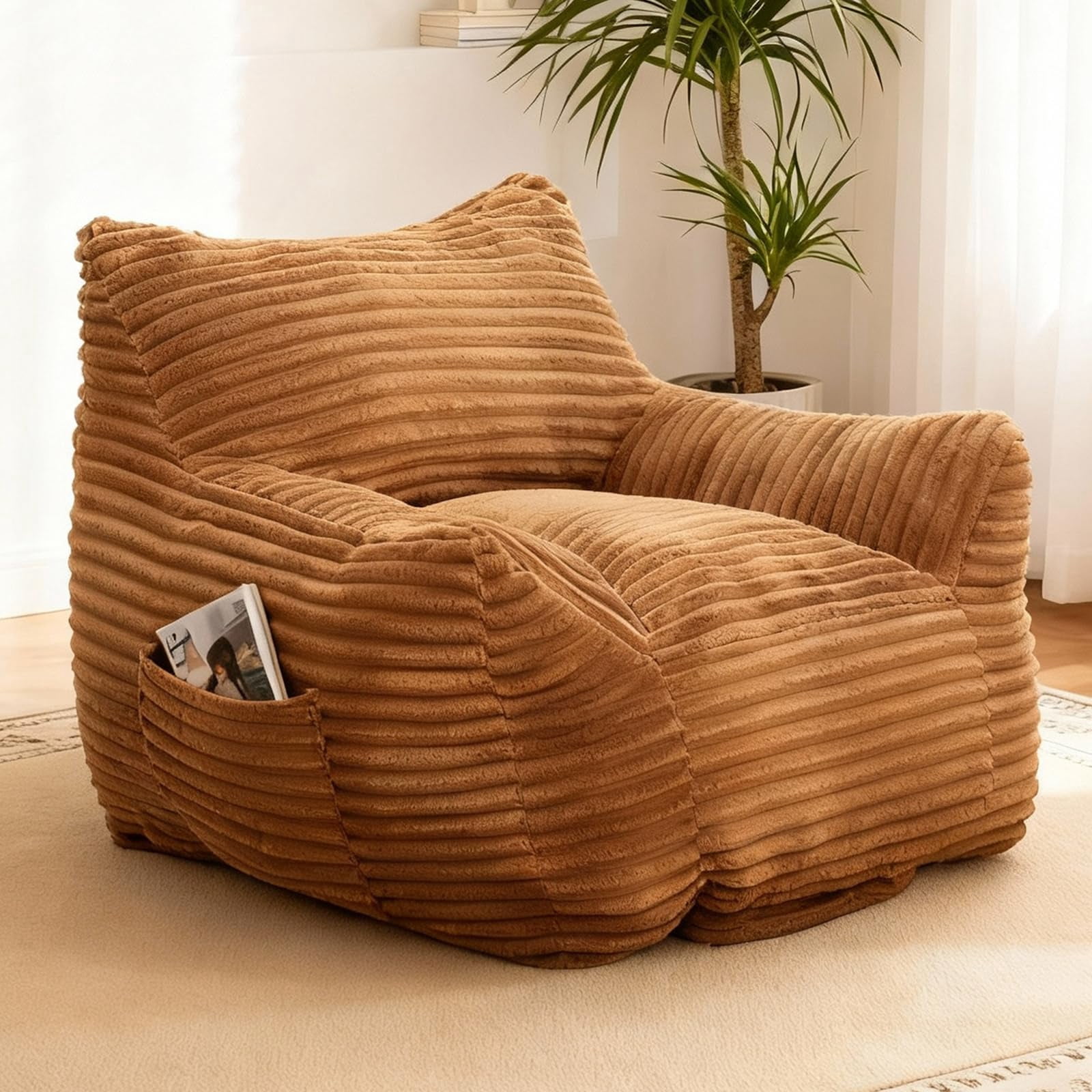 Peispie Giant Bean Bag Chair for Adults, Wide Seat Comfy Corduroy Floor Sofa with Armrests, Shredded Memory Foam Lazy Lounger, Oversized Gaming & Reading Chair for Bedroom 400LBS, Brown