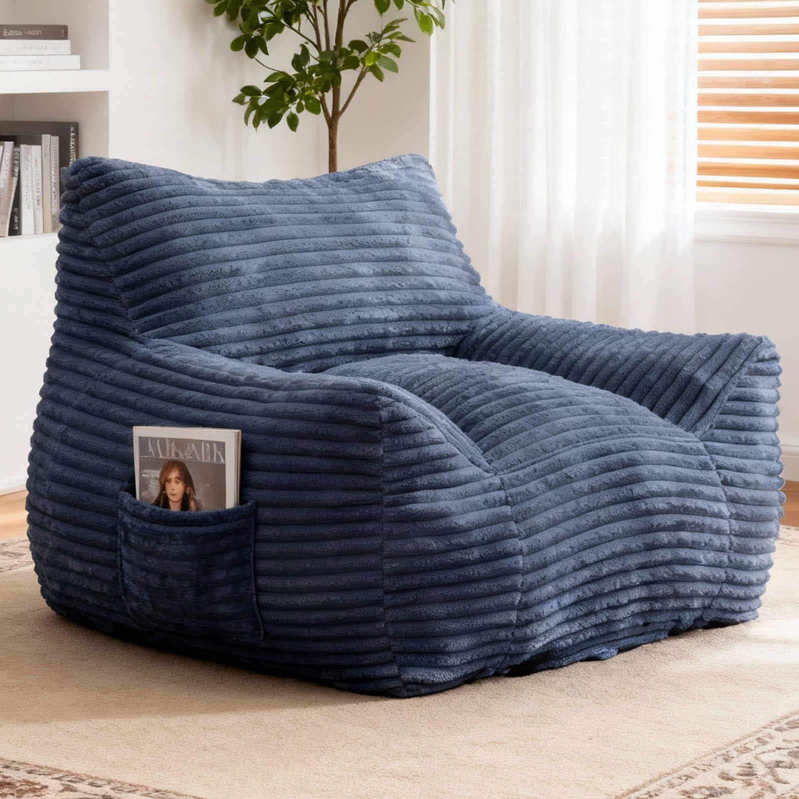 Peispie Giant Bean Bag Chair for Adults, Wide Seat Comfy Corduroy Floor Sofa with Armrests, Shredded Memory Foam Lazy Lounger, Oversized Gaming & Reading Chair for Bedroom 400LBS, Blue