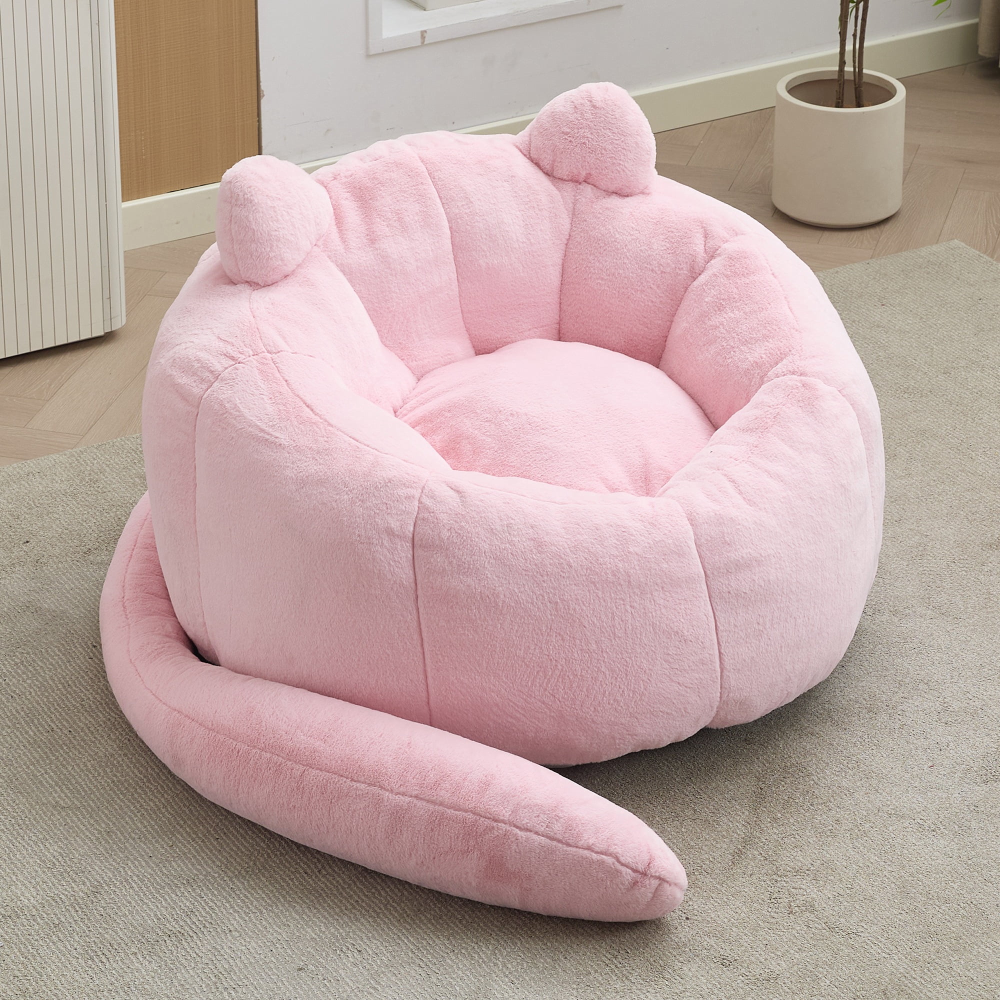 Peispie Giant Cat-Shaped Bean Bag Chair with Long Tail, Cute Comfy Floor Sofa Lounge Chair for Adults & Kids, High-Density Memory Foam Filled Accent Reading Chair for Bedroom, No Assembly, Pink
