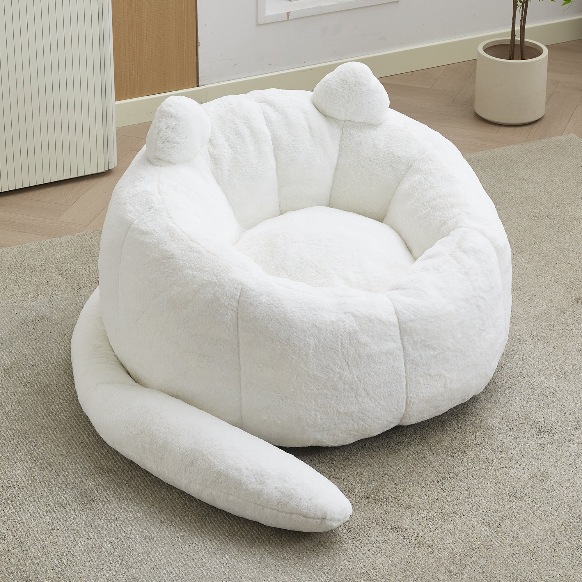 Peispie Giant Cat-Shaped Bean Bag Chair with Long Tail, Cute Comfy Floor Sofa Lounge Chair for Adults & Kids, High-Density Memory Foam Filled Accent Reading Chair for Bedroom, No Assembly, White