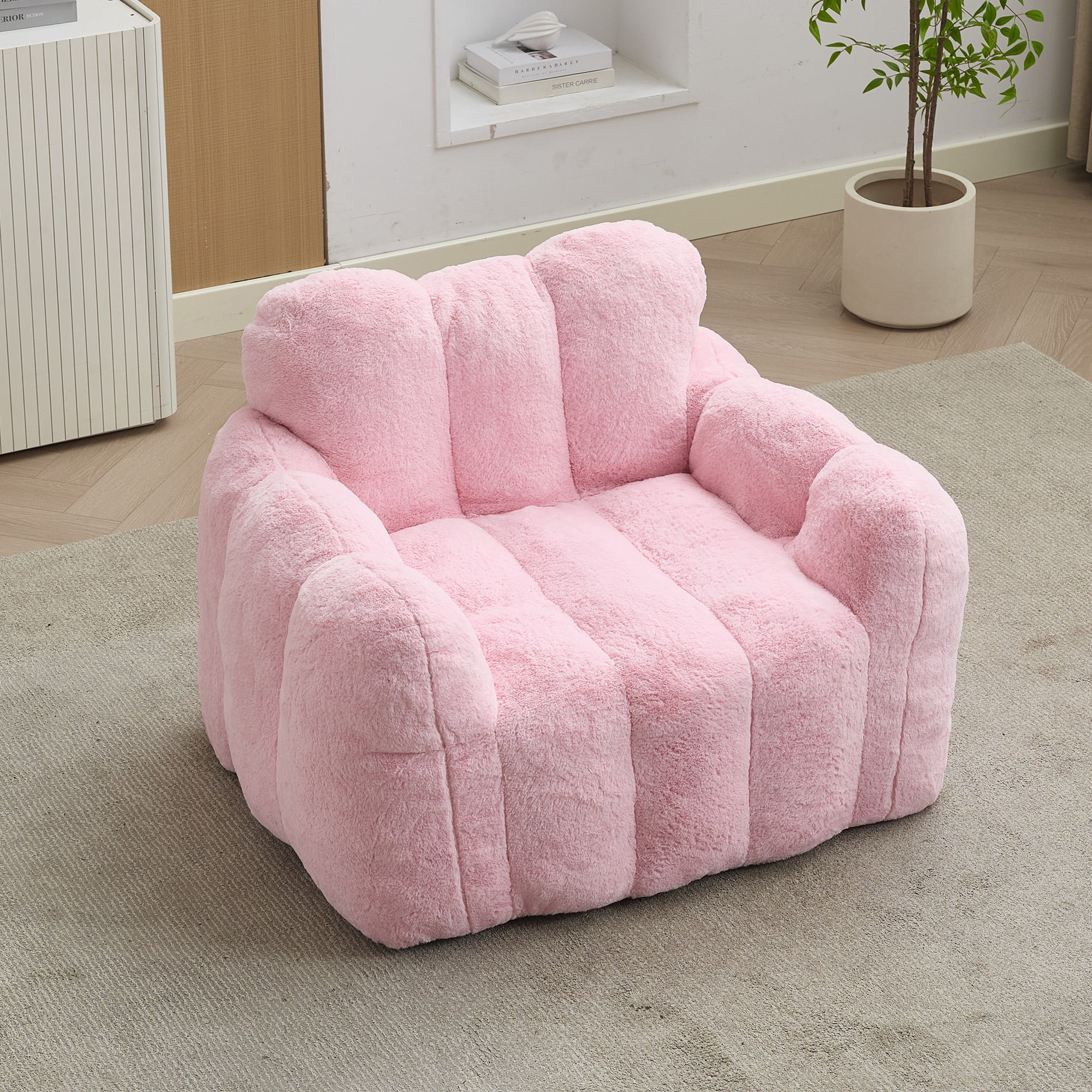 Peispie Giant Fluffy Bean Bag Chair for Adults, Oversized Memory Foam Floor Sofa Lounge Chair with Armrests, Comfy Stuffed Accent Reading Chair for Bedroom & Living Room, No Assembly, Pink