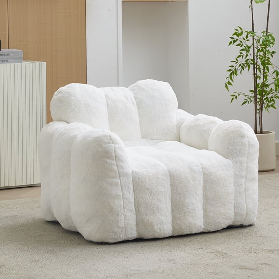 Peispie Giant Fluffy Bean Bag Chair for Adults, Oversized Memory Foam Floor Sofa Lounge Chair with Armrests, Comfy Stuffed Accent Reading Chair for Bedroom & Living Room, No Assembly, White