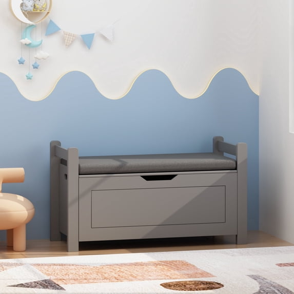 Peispie Kids Toy Box Chest with Cushion Seat Bench, White Toy Storage Organizer Trunk, Large Cabinet with Flip-Top Lid & Safety Hinge for Nursery, Playroom, Bedroom, Grey