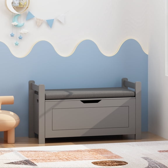 Peispie Kids Toy Box Chest with Cushion Seat Bench, White Toy Storage Organizer Trunk, Large Cabinet with Flip-Top Lid & Safety Hinge for Nursery, Playroom, Bedroom, Grey