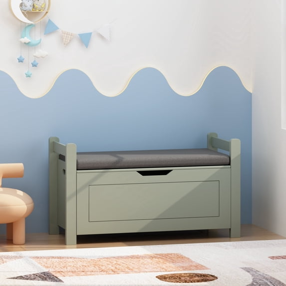 Peispie Kids Toy Box Chest with Cushion Seat Bench, White Toy Storage Organizer Trunk, Large Cabinet with Flip-Top Lid & Safety Hinge for Nursery, Playroom, Bedroom, Sage